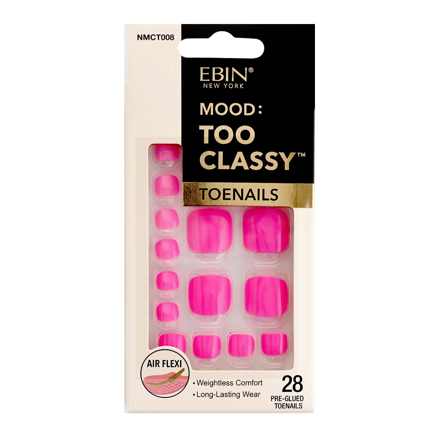 MOOD TOO CLASSY - 28 Pre-Glued Toenails NMCT008 - Hot Pink